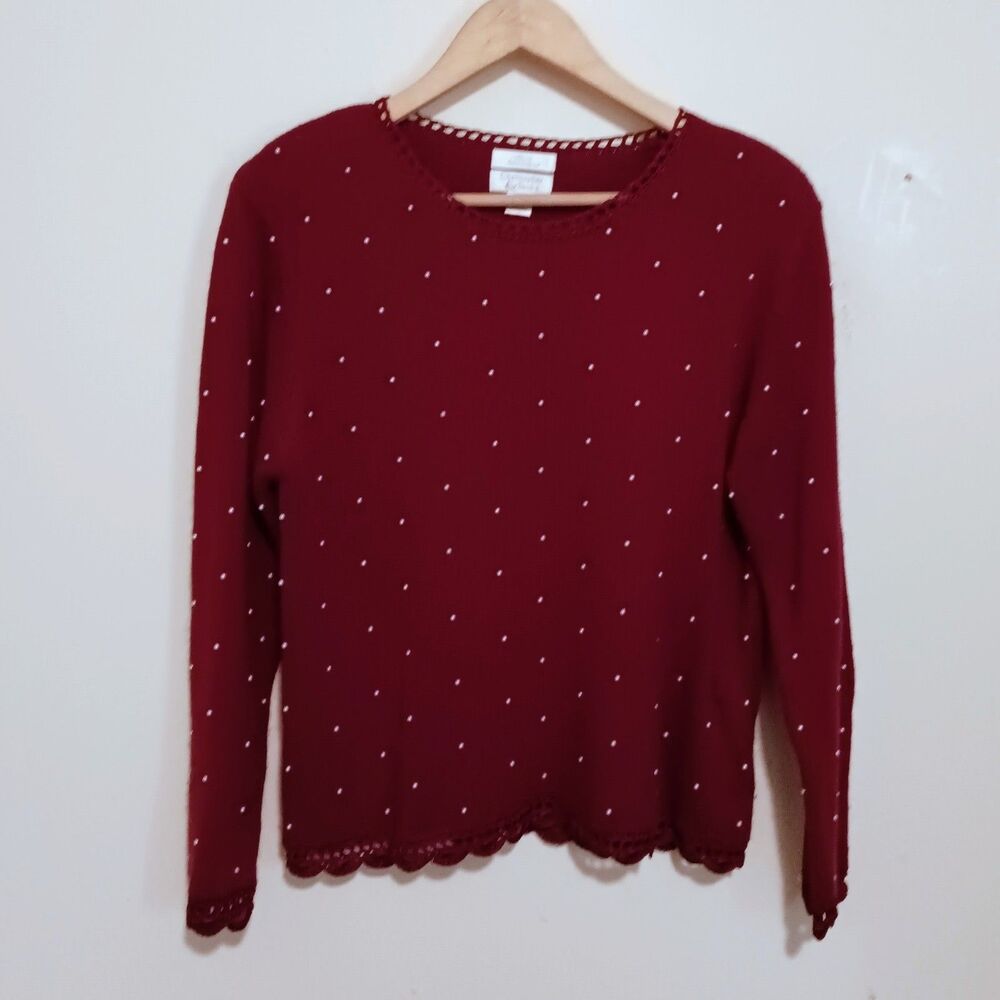Vtg Christopher & Banks Hand Embroidered Sweater-Medium-Pearls-Crochet Trim-2002
